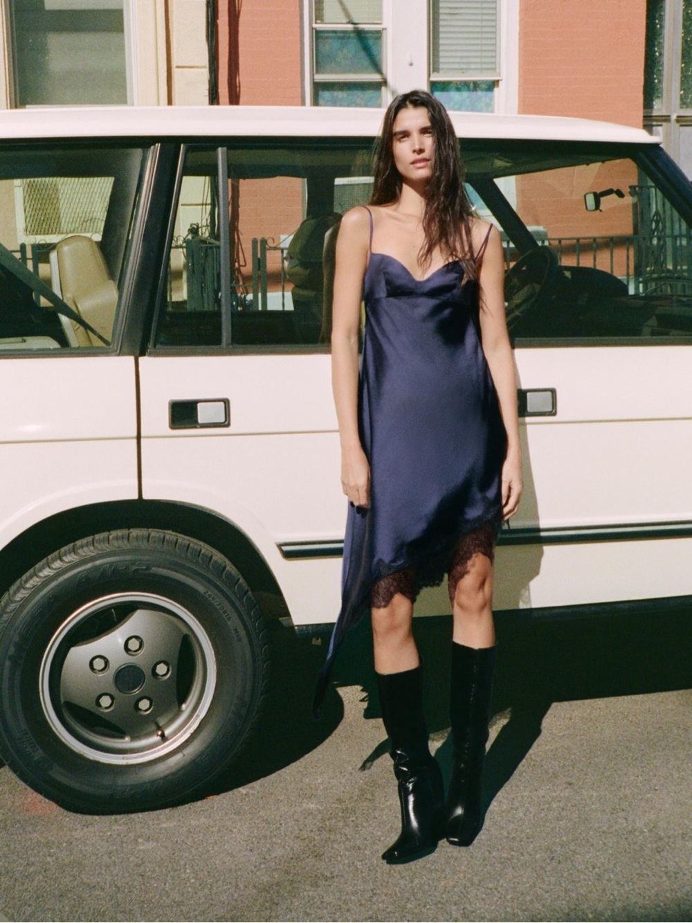 Zara Navy Satin Asymmetric Lace Slip Dress